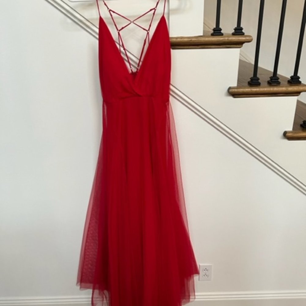 Formal Red Tulle Gown with Criss Cross Back